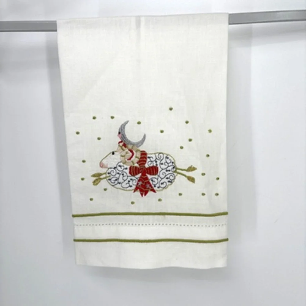 Patience Brewster Tea Towel Holiday Sheep Joyful Celestial Ram Embroidered Hand